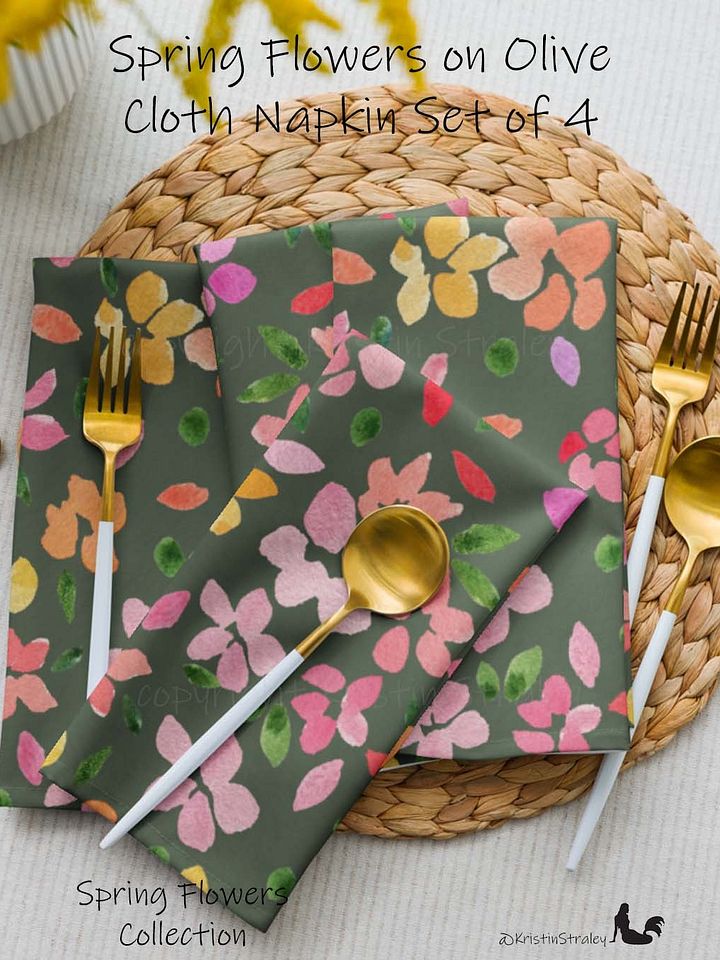 Spring Flowers on Olive Green Cloth Napkin Set of 4 product image (1)