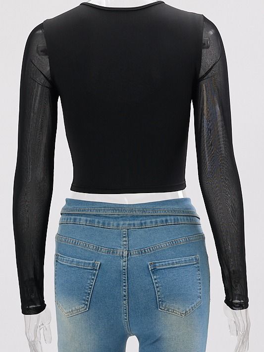 Wholesale high quality sexy slight stretch mesh stitching button hollow out crop top product image (4)