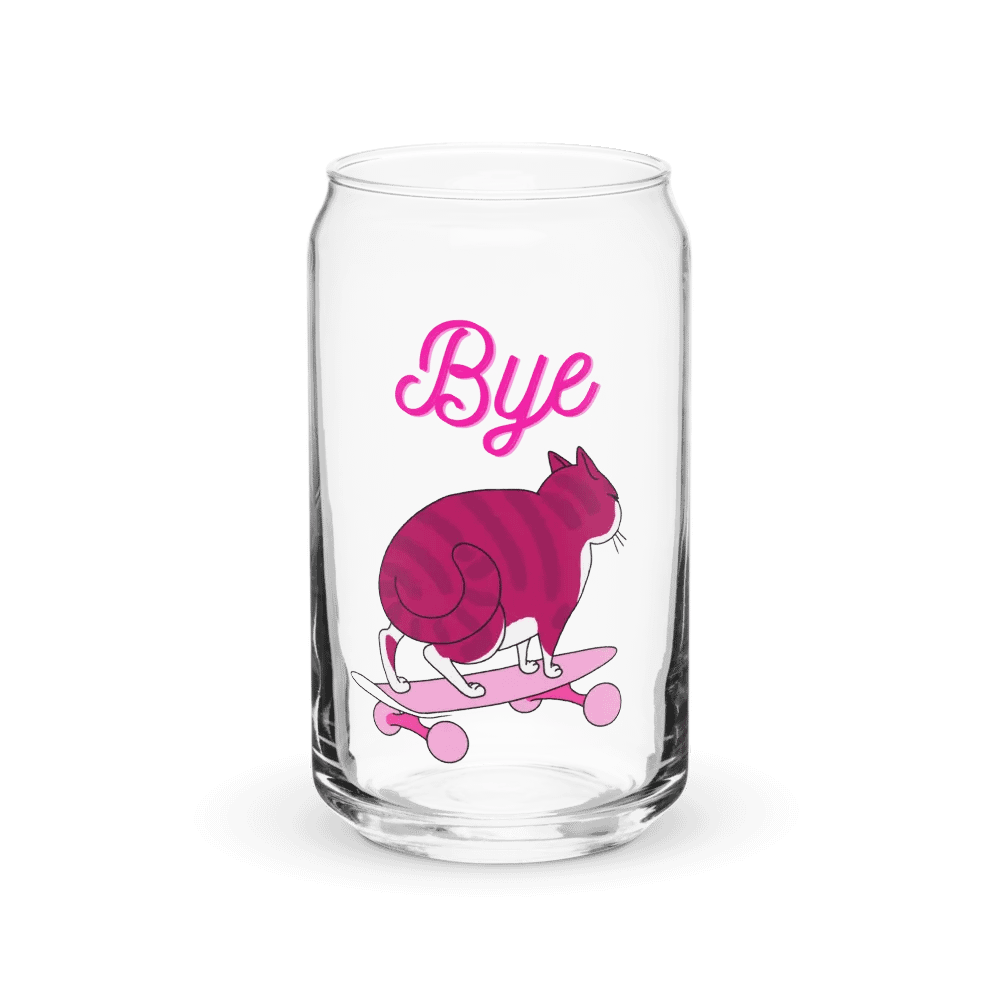 "Bye" Pink Skater Cat Can-Shaped Glass with or without Lid & Straw product image (1)