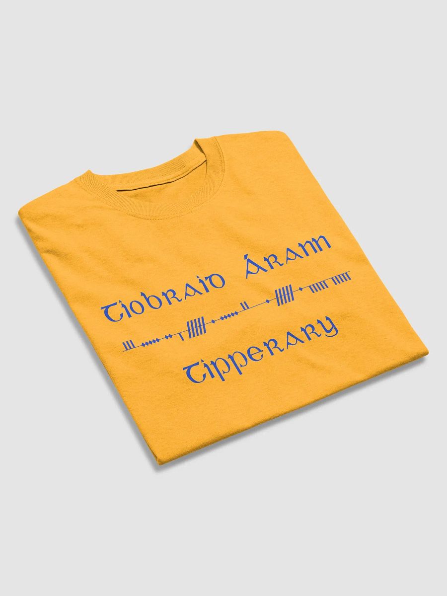 Tipperary/Tiobraid Árann Scholastic style Ogham, gold with blue, printed T-shirt product image (4)