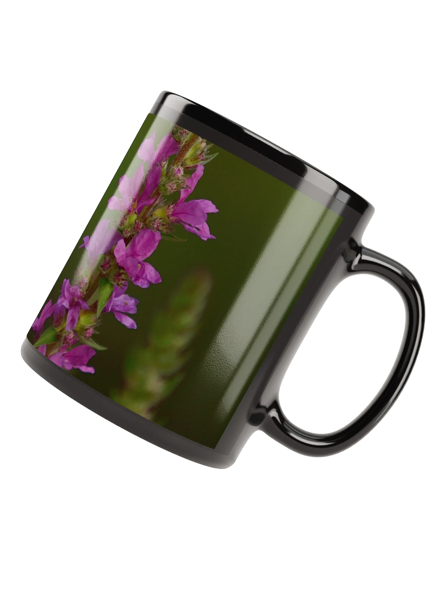 Keramiktasse schwarz - Violette Blüten vor dunklem Hintergrund product image (4)