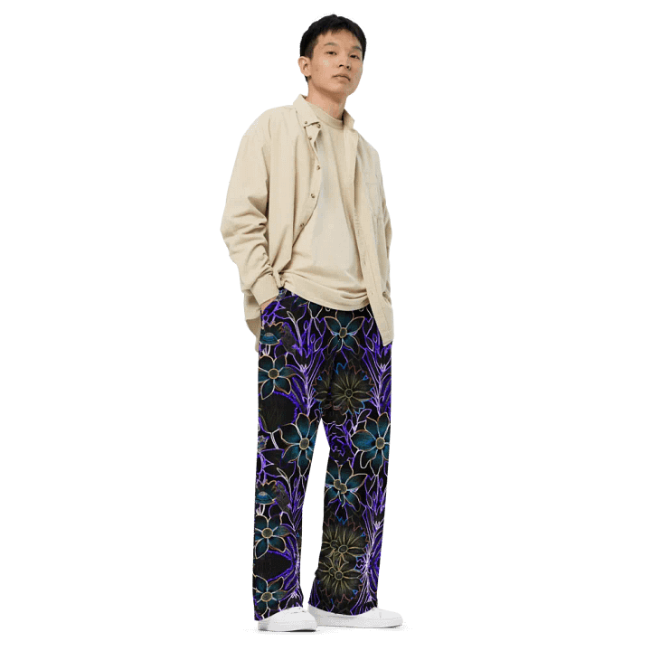 Trippy Floral Purple and Teal/All-Over Print Unisex Wide-Leg Pants by Sublicolor product image (2)