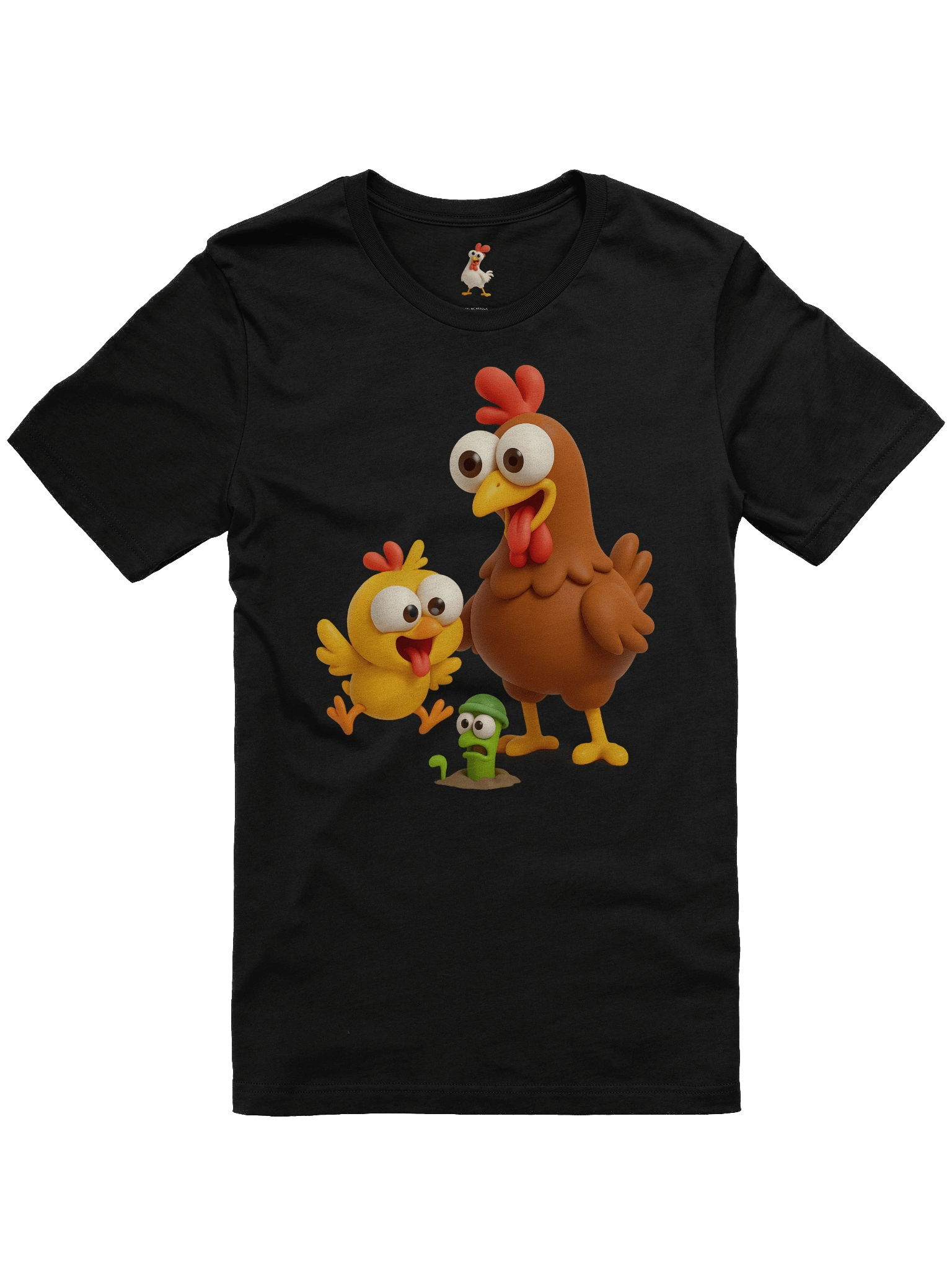 Funny Chicken Family T-Shirt – Crazy Hen, Chick and Worm Cartoon Tee product image (1)