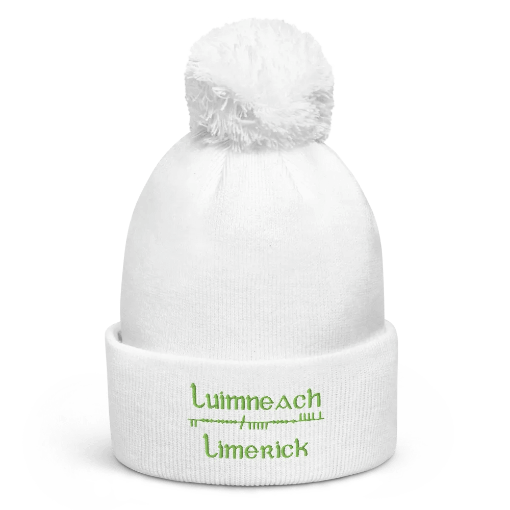Limerick/Luimneach Scholastic style Ogham, white with green embroidered Pom-Pom Beanie product image (1)