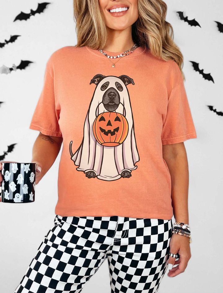 Funny Halloween Staffordshire Terrier(Blue) T-Shirt | Funny Staffy Wearing a Ghost Costume and Holding a Pumpkin Basket product image (19)