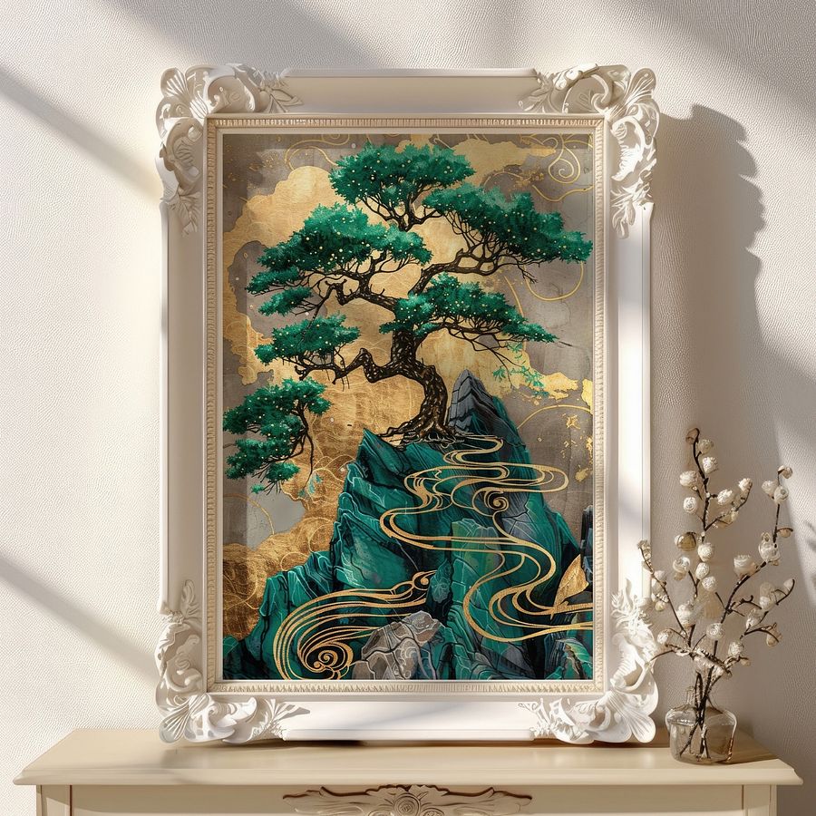 Emerald Green& Gold Kintsugi Bonzai Tree Japanese Art Print product image (17)