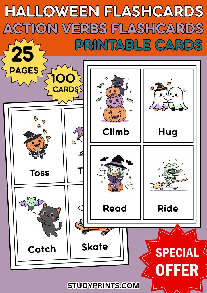Halloween Flashcards | 100 Printable Action Verbs Cards For Kids product image (1)