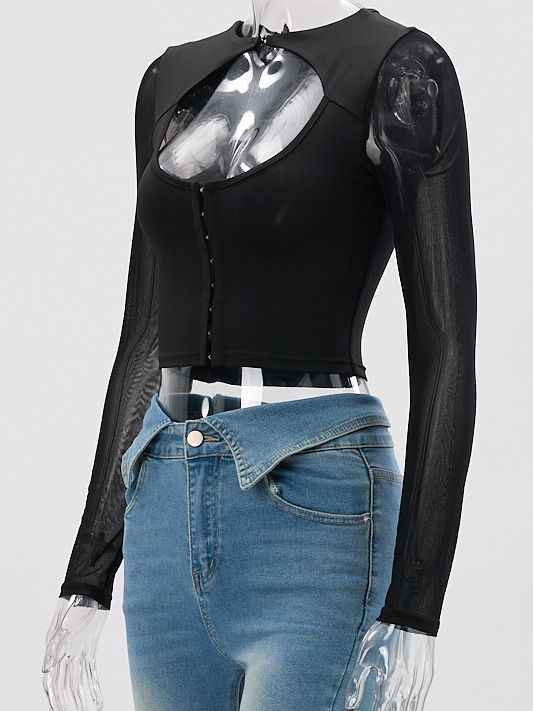 Wholesale high quality sexy slight stretch mesh stitching button hollow out crop top product image (5)