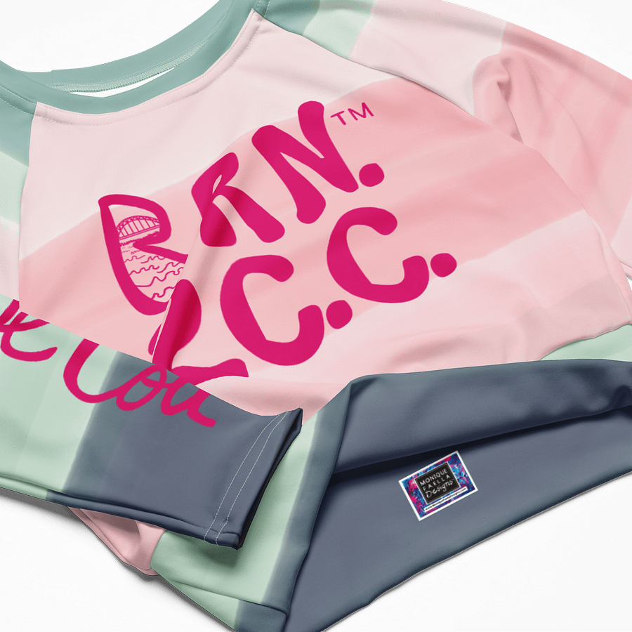 BOURNE to Cape Cod™ Crop Top | BRN.2C.C.™ Coastal Bold | Recycled Long Sleeve Statement Wear 🌊💃☀️ | Vibrant Pink Logos on Horizon Stripes product image (5)