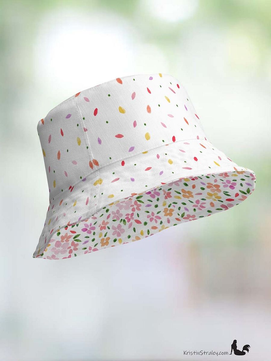 Spring Flowers on White Reversible Bucket Hat with Petal Confetti on White product image (11)
