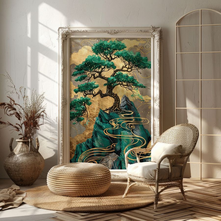 Emerald Green& Gold Kintsugi Bonzai Tree Japanese Art Print product image (22)
