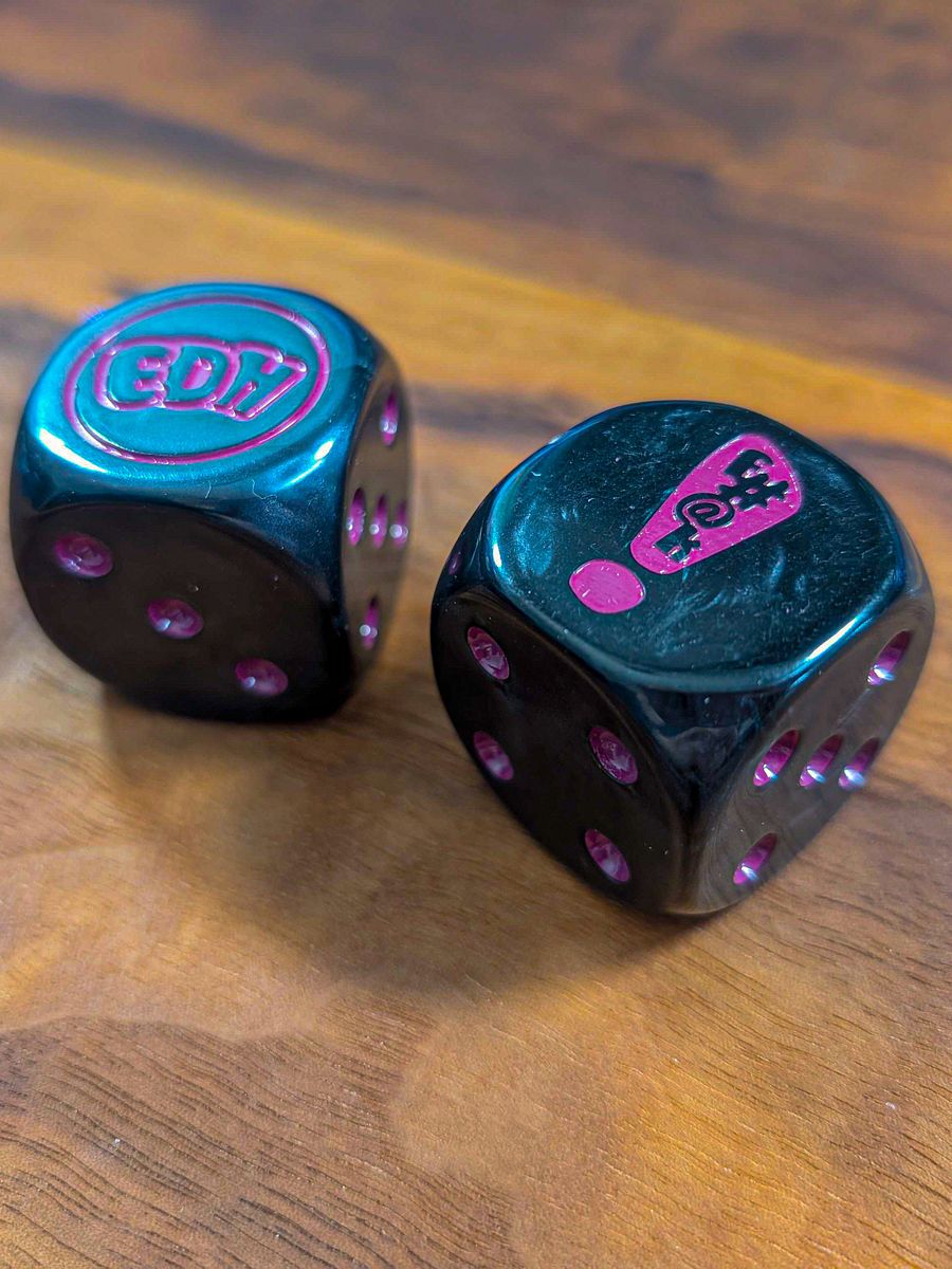 Oversized Pearlescent Black Dice Set with "Pink" Pips - 30mm product image (1)