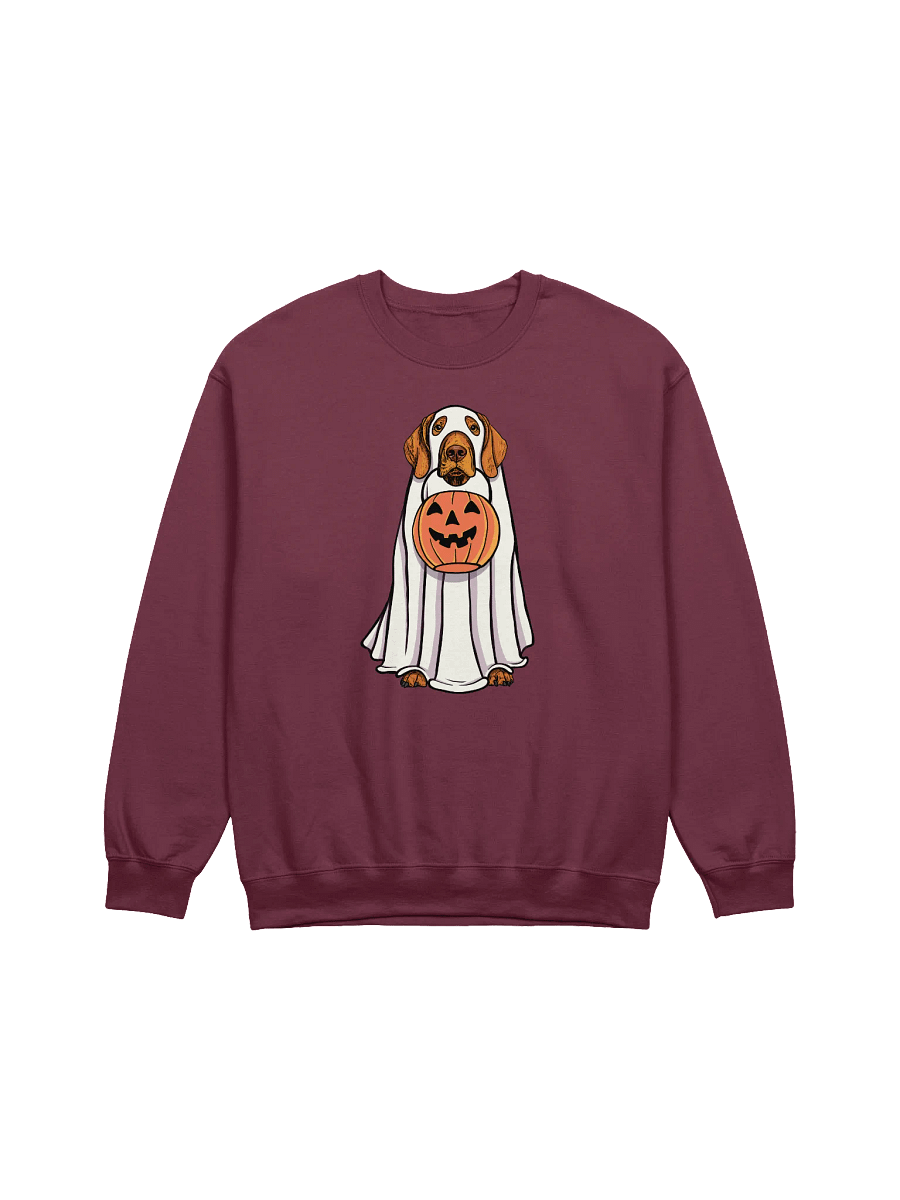 Funny Halloween Vizsla Sweatshirt | Funny Vizsla Wearing a Ghost Costume and Holding a Pumpkin Basket product image (12)