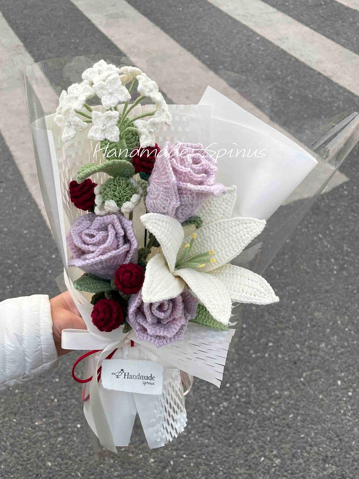 Pink Roses, Lilies And Red Crochet Knit Bouquet product image (1)