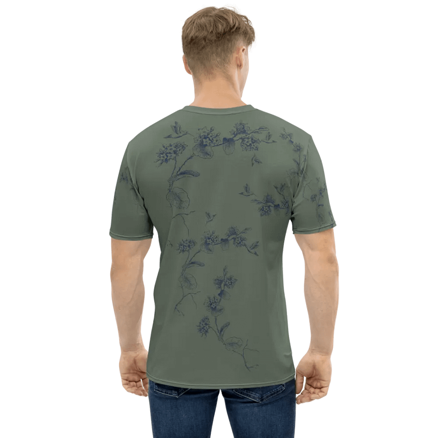olive green all  over printed unisex T shirt with humming bird design. Outdoors vibe ideal for the person who enjoys birding. product image (1)