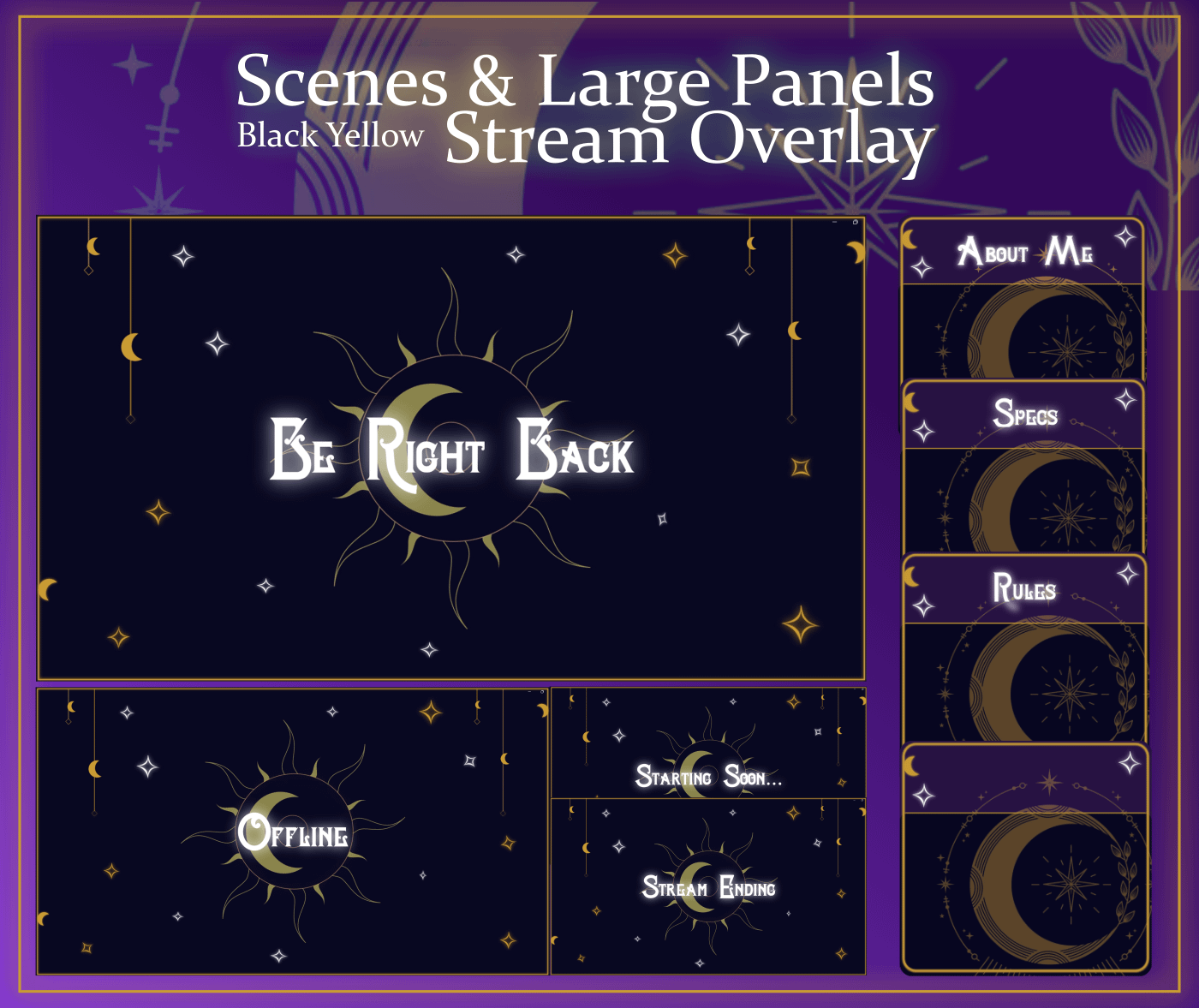 SIMPLE Dark STREAM OVERLAY Celestial, Dark overlay pack, Celestial Animated Overlay, Stream overlay pack, Black and gold Overlay product image (2)