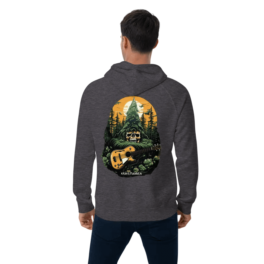 Unisex Eco Raglan Hoodie 🌲 Skeleton head with a guitar in a spruce forest product image (2)