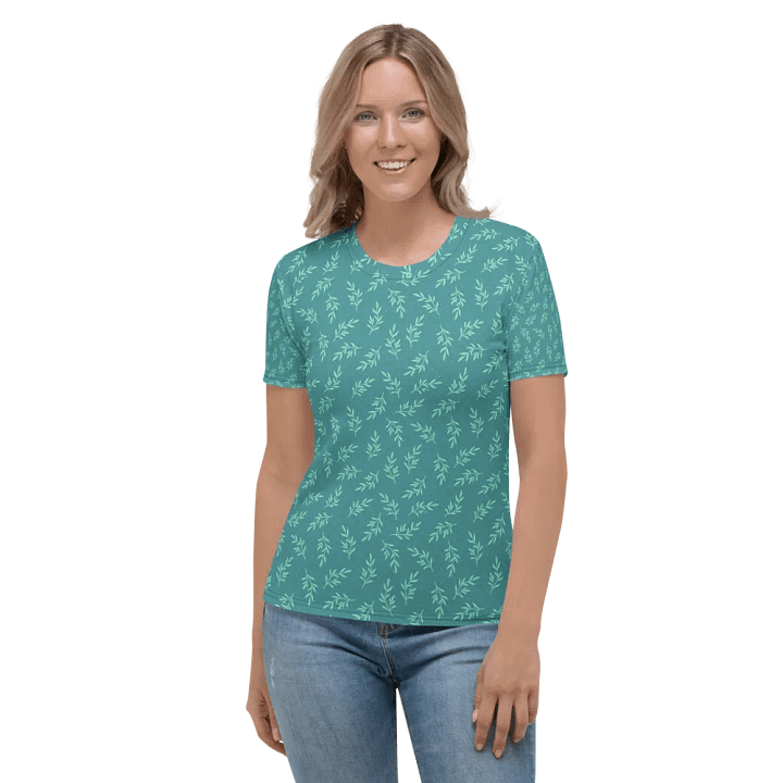 Ladies T shirt all over print teal color  leafy design  giving a fresh healthy feel. product image (2)