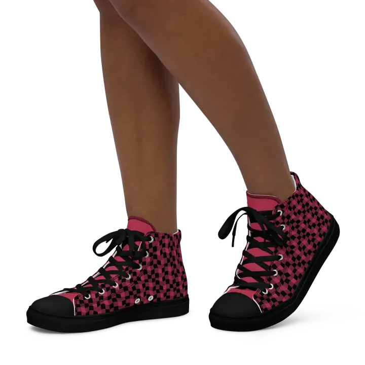 Magenta and Black Warped Checker Women's High-Top Canvas Shoes product image (2)
