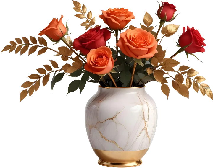 Romantic Grace – White Marble and Gold Rose Vase PNG product image (1)