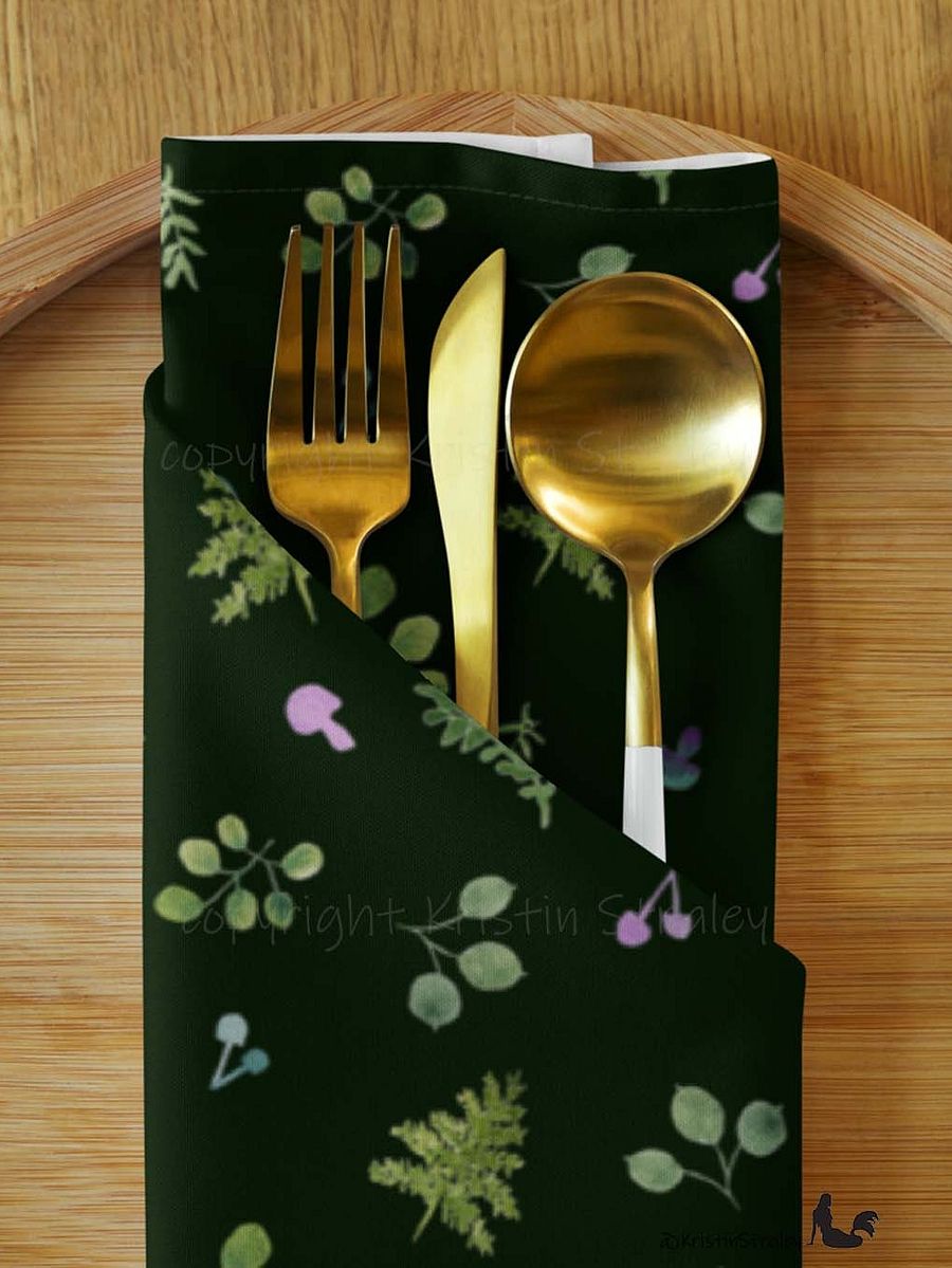 Woodland Ferns & Mushrooms on Dark Green Cloth Napkin Set of 4 product image (8)