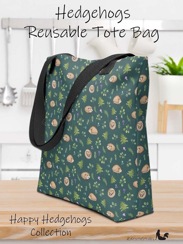 Hedgehogs with Ferns and Mushrooms on Dark Teal Tote Bag product image (1)