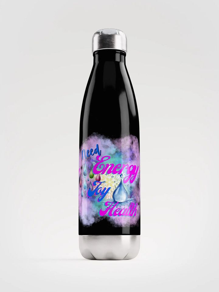 Stainles steel water bottle with beautiful swirly blue water drop splash and drops design featuring ' Need  Energy Love Health product image (1)