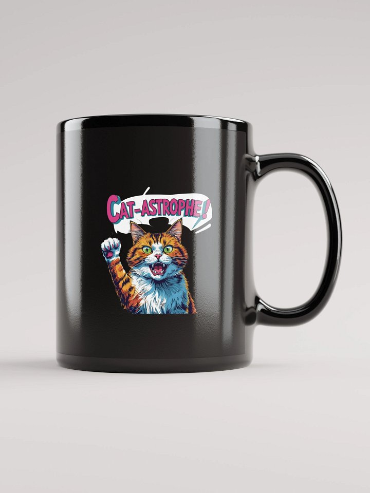 'Cat-astrophe!' Funny Cat Mug | Retro Comic & Punny Black Cup product image (1)