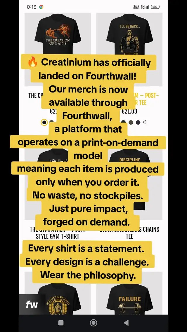 Creatinium is now live on Fourthwall — where philosophy meets print-on-demand precision.   Creatinium isn’t just a brand. It’s a challenge. A declaration. A rebellion against mediocrity. Every design is forged in rhetorical fire — built to provoke, inspire, and dominate. Our merch isn’t fashion. It’s legacy in motion.   That’s why we chose Fourthwall — a platform built for creators who demand control and impact. Fourthwall operates on a print-on-demand model: every item is produced only when you order it. No stockpiles. No waste. No compromise. Just pure intent, delivered.   This system lets Creatinium stay agile, sharp, and unapologetically bold. Each drop is a campaign. Each shirt is a weapon. You don’t just wear it — you declare something with it.   Fourthwall also gives full creative freedom: custom storefronts, direct audience connection, and seamless integration with social platforms. It’s not just a shop. It’s a battlefield for ideas.   By launching here, Creatinium enters a new phase — where philosophy becomes wearable and every order is a strike against the ordinary.   Wear the fire. Forge the legacy. Creatinium lives. #creatinium  #printondemand  #gymwear  #streetwear  #memewear 