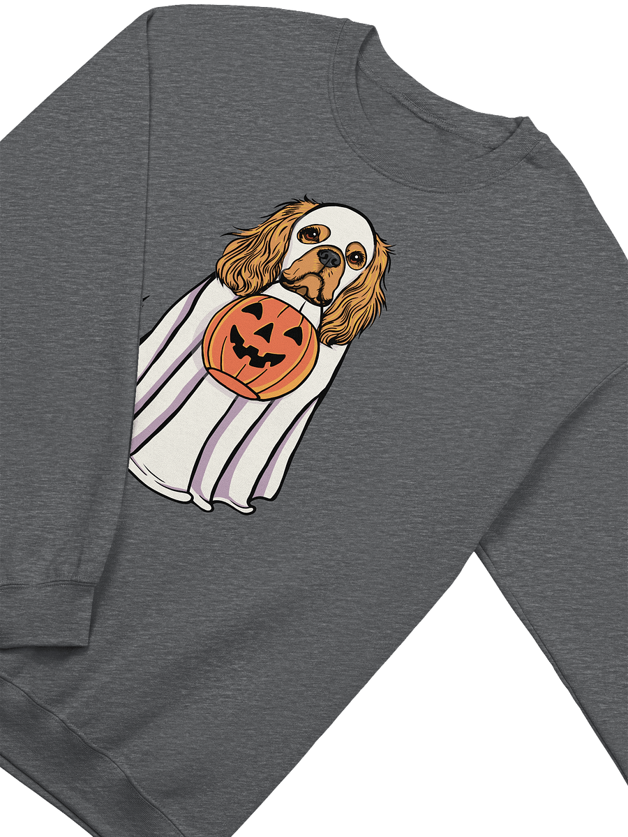Funny Halloween Cavalier King Charles Spaniel(Tan) Sweatshirt | Funny Cavalier Wearing a Ghost Costume and Holding a Pumpkin Basket product image (8)