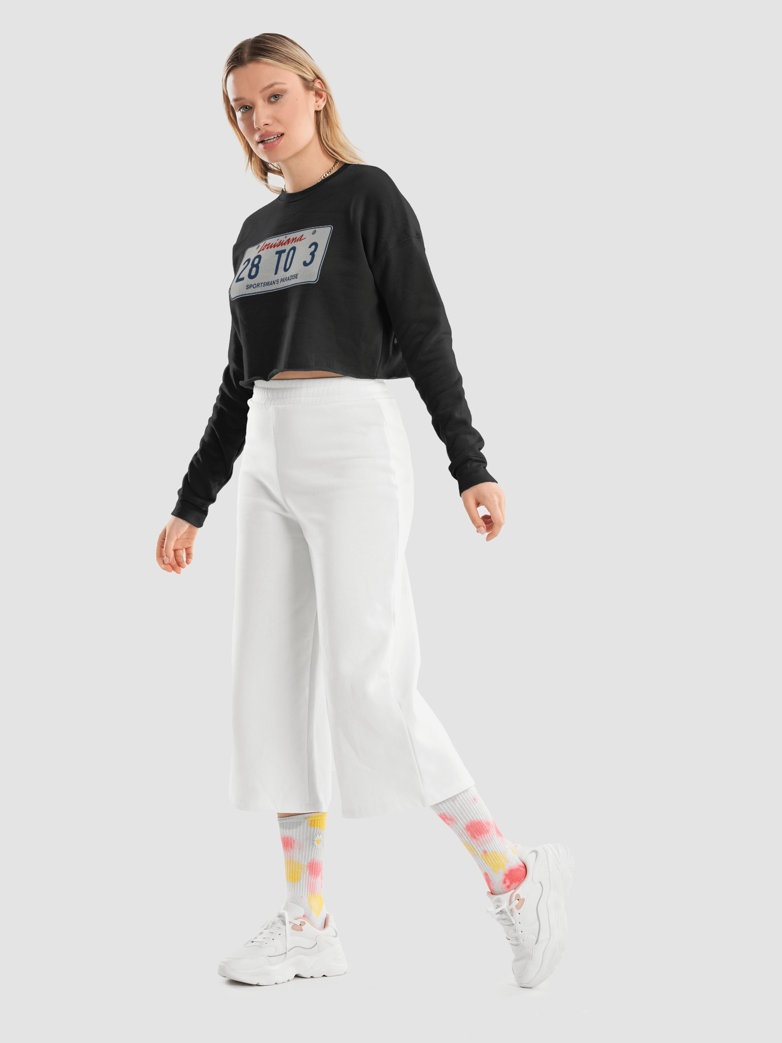 The 28 to 3 Podcast "Louisiana License Plate" Fleece Crop Sweatshirt product image (36)