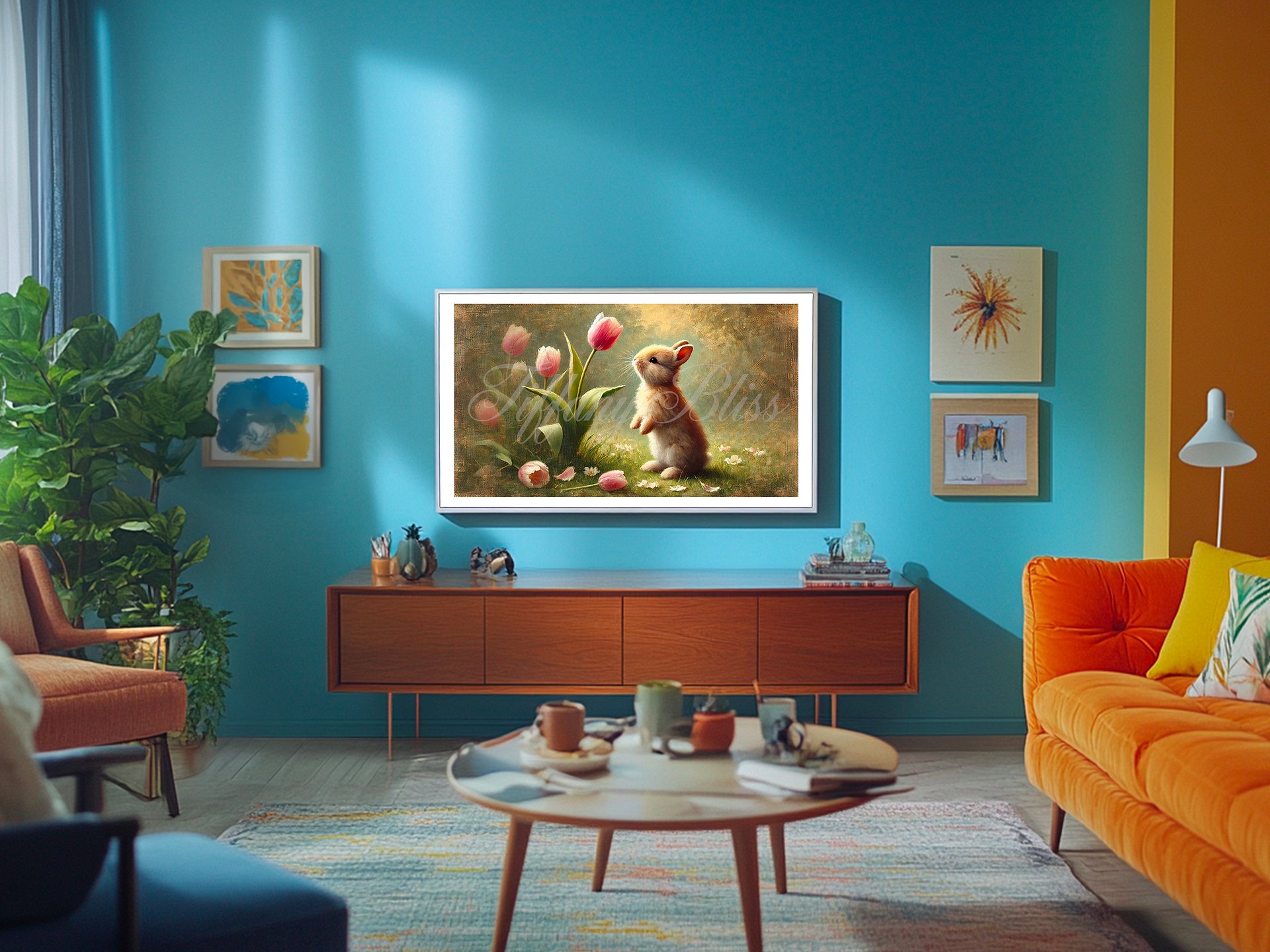 Spring Samsung Frame TV Art, Easter Bunny Tulips Painting, Art for TV, Digital Download product image (3)