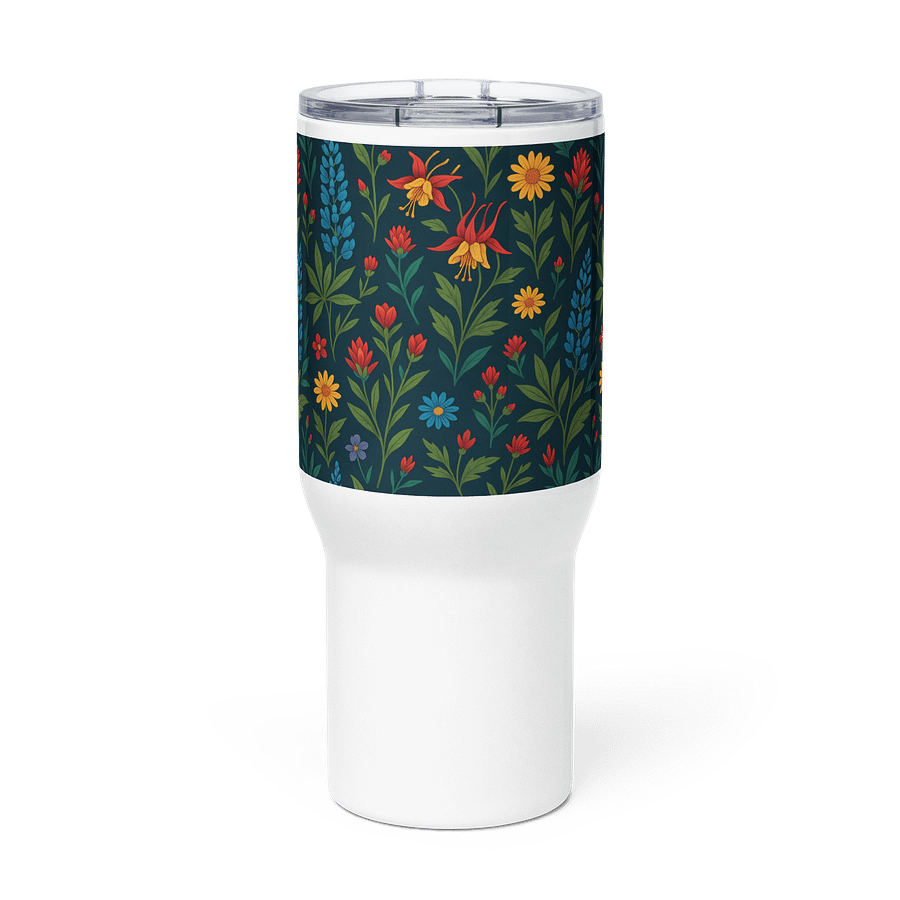 Floral Travel Mug with Handle – Dark Botanical Print with Daisies, Lilies & Wildflowers product image (3)