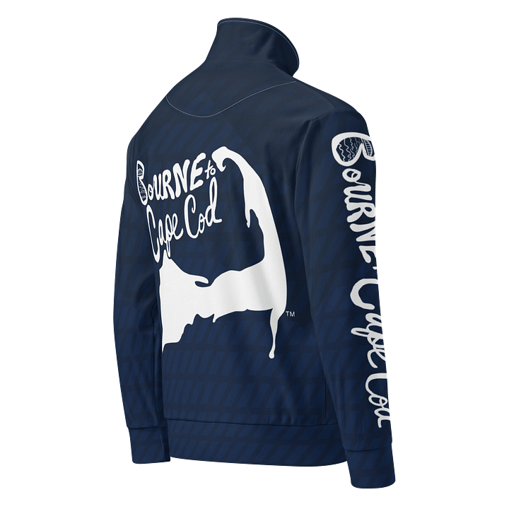 All-Over Print Recycled Track Jacket | Coastal Chill Meets Street Thrill | BOURNE to Cape Cod™ + BRN.2C.C.™ | White Logos on Athletic Blue Pattern product image (2)