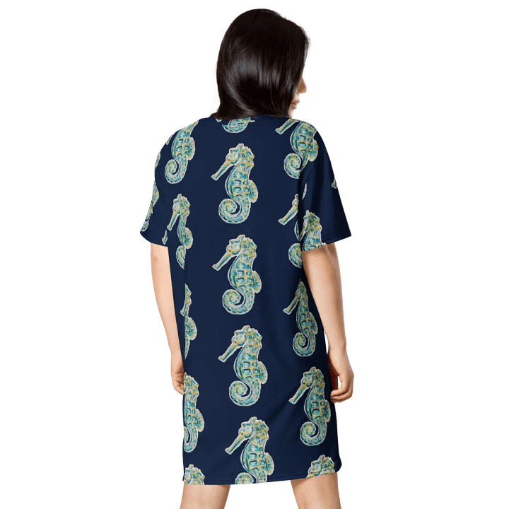 Women's | Ocean Majesty | Painted Seahorse | T-Shirt Dress | Coastal Oversized Dress | Ocean-Inspired Casual Style | Navy Background product image (2)