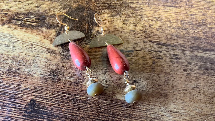 Earrings - Brass Pendants, Red Jasper, Gold-plated Rondelle Beads, and Soocho Jade - Hand-made by JB product image (1)