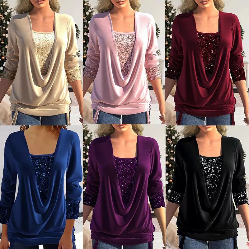 Womens Sequin Long Sleeve Tops Ladies Glitter Party Jumper Shirt Blouse T-Shirt product image (3)