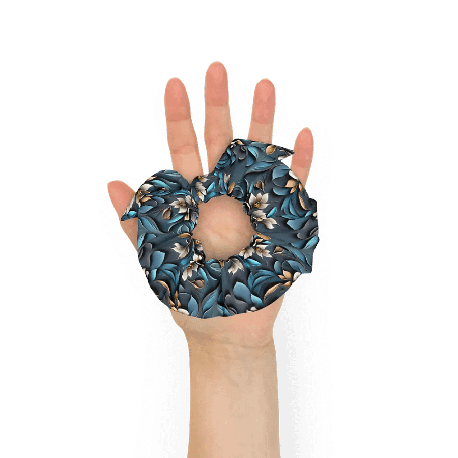 Hair Scrunchie - Sculpted Floral Pattern of Yellow-Brown Flowers on Textured Blue Background product image (7)