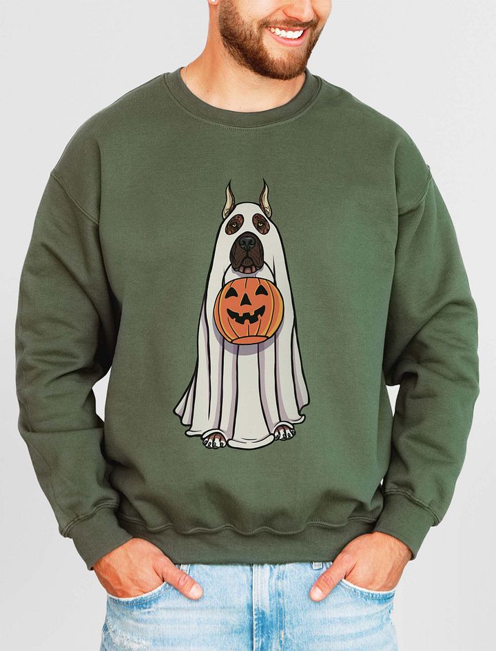 Funny Halloween Great Dane(Cropped Ears Brindle) Sweatshirt | Funny Great Dane Wearing a Ghost Costume and Holding a Pumpkin Basket product image (15)