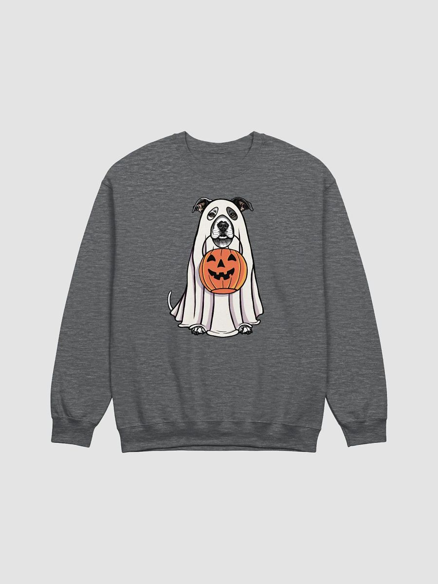 Funny Halloween Staffordshire Terrier(White with Black Patch) Sweatshirt | Funny Staffy Wearing a Ghost Costume and Holding a Pumpkin Basket product image (7)