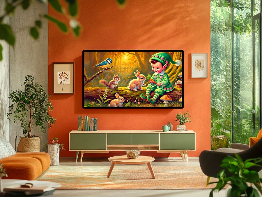 This TV Frame Art piece features a an adorable and cute baby bunny moving a dandelion with it's paw. You can see dandelion seeds blowing in the wind. Make a wish. product image (3)