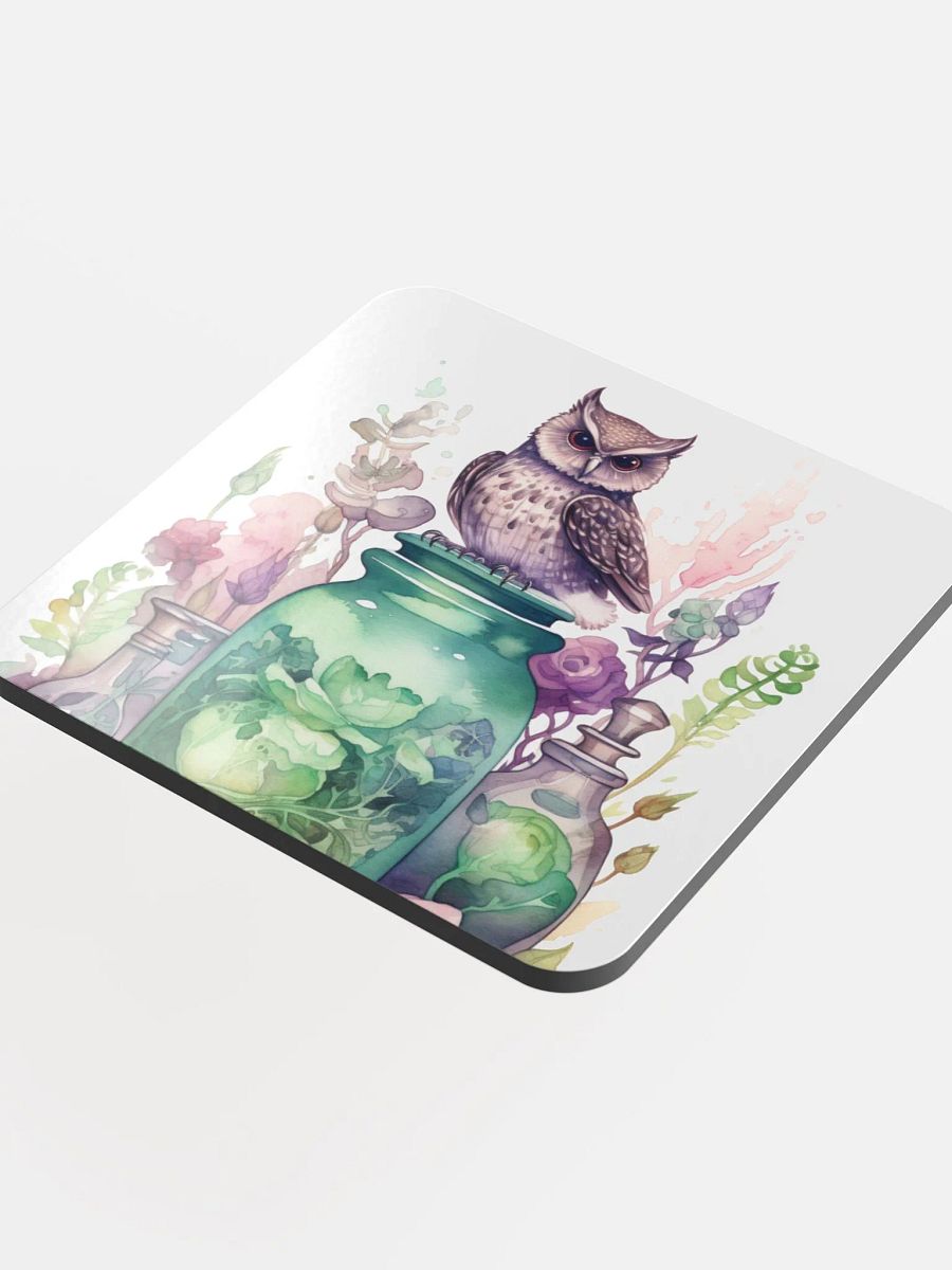 Glossed Cork Coaster 🦉 Peaceful Green with a Hint of Pink - Owls Vibes - Motif 1 product image (4)