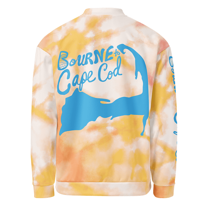 All-Over Print Bomber Jacket | Coastal Cool, City Bold | BOURNE to Cape Cod™ + BRN.2C.C.™ Style | Deep Sky Blue Logos on Orange Tie-Dye product image (2)