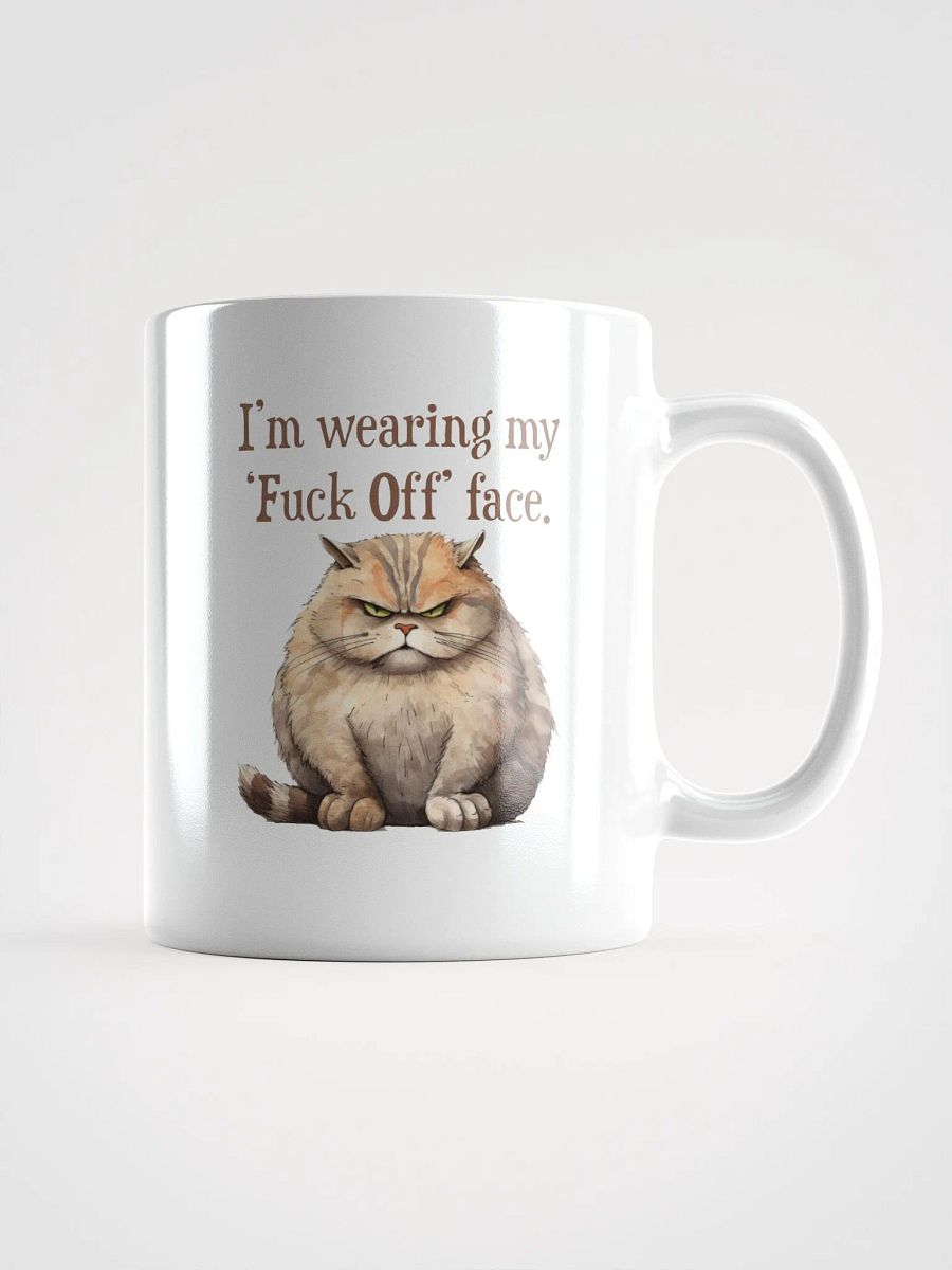 Cat Chat: "Guess what I'm wearing today? ... I'm wearing my Fuck Off face." White glossy mug product image (4)