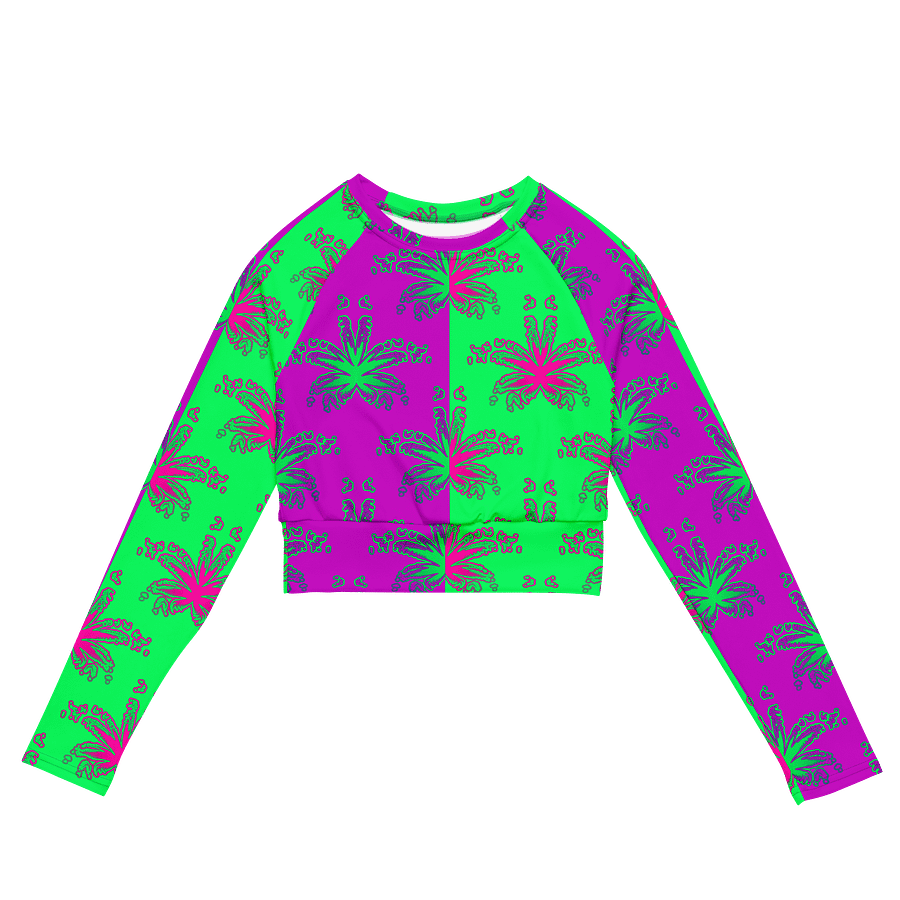 Pot Leaf Print Recycled Long-Sleeve Crop Top, 420 Stoner Circus Stripe Shirt, Cannabis Summertime Purple Mint Green Ganja Weed Beach Fashion product image (2)