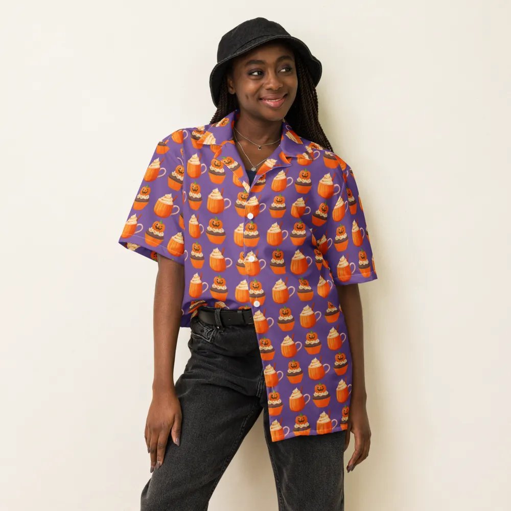 Halloween tea party pumpkin cupcake pumpkin spice latte Unisex Hawaiian Button Shirt product image (6)