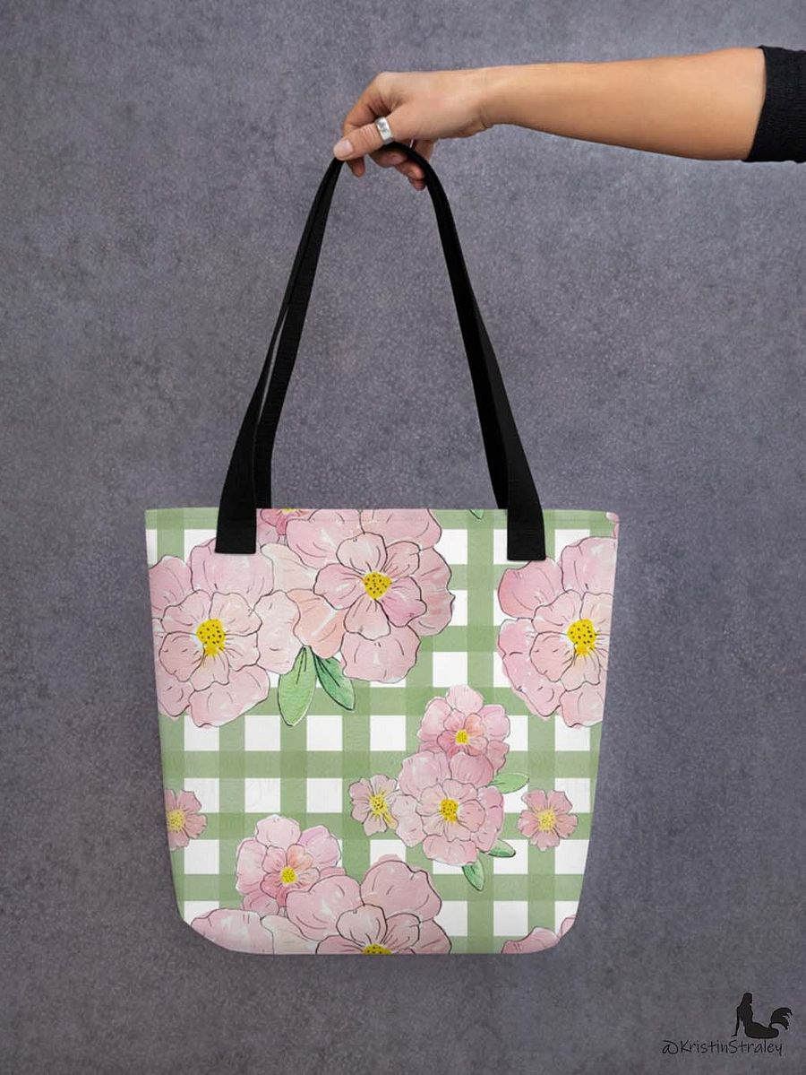 Gingham Blossoms - Lg Pink Flowers on Green Gingham product image (5)