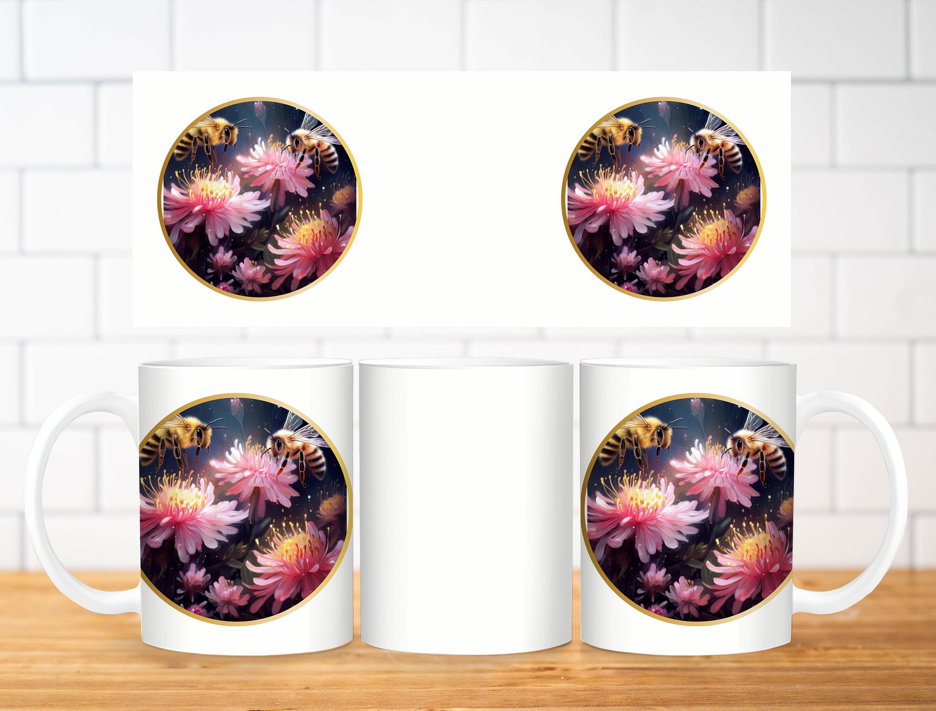 Bee & Flower Mug Sublimation Design, 11oz & 20oz Mug Template, Mug Wrap Template PNG, Digital Download product image (2)