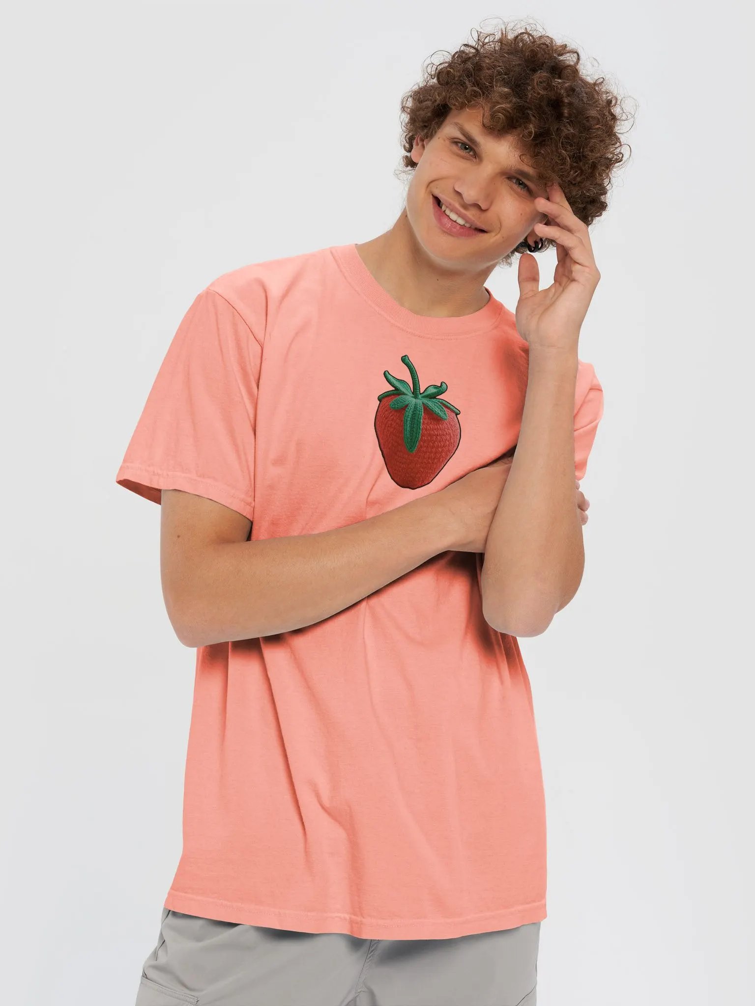 Beautiful Watermelon Garment-Dyed Heavyweight T-Shirt with a crochet Strawberry in the front product image (39)
