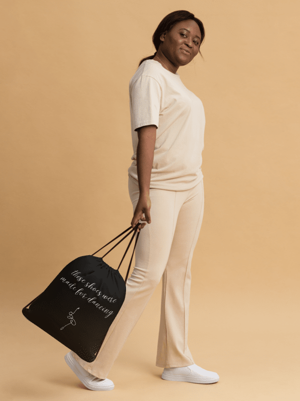 Drawstring Dance Bag | Black with White Logo and Quote product image (3)